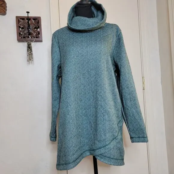 Lands End Cowl Funnel Neck Green Herringbone Fleece Pullover Tunic Sweater✨️L - Picture 1 of 13